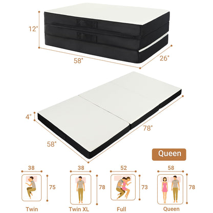 FurryWee Foldable Mattress Queen, Memory Foam Tri Fold Mattress with Removable Washable Cover, 4 inch Folding Floor Mattresses Sleeping Pad for Guest, RV, Travel, Camping, White, 78"x58"x4"