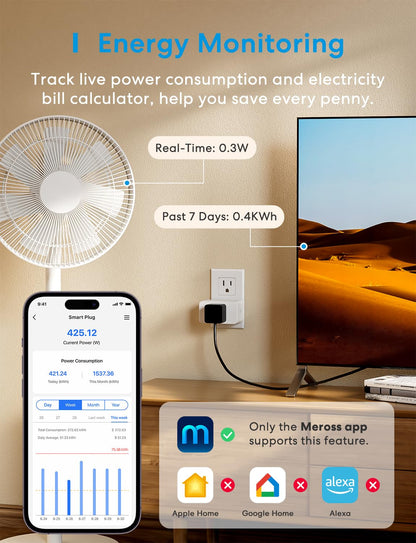 meross Matter Smart Plug, Energy Monitoring, Standby Killer, FFS Setup, 15A/1800W, 100% Privacy Wi-Fi Outlet Support Apple HomeKit, Alexa, Google Home with Schedule Timer, App & Voice Control (4 Pack)