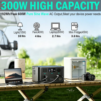 Arkpax Portable Power Station 300W, 600W Peak Backup LiFePO4 Battery, 192Wh Solar Generator with 120V Pure Sine Wave AC Outlet for Camping Emergency Travel Outdoor Home Blackout