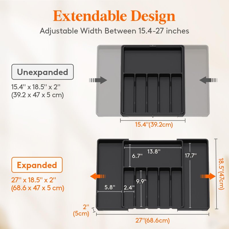 Lifewit Silverware Drawer Organizer, Expandable Utensil Tray for Kitchen, BPA Free Flatware and Cutlery Holder, Adjustable Plastic Storage for Spoons Forks Knives, 15- 27 x 18.5", Black