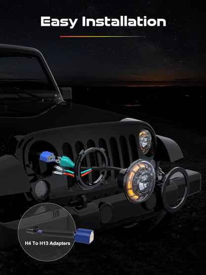 AUDEXEN 7 Inch LED Headlights for Jeep Wrangler JK JKU LJ CJ TJ 1997–2018, Round Headlamps with DRL & Turn Signal, Halo Ring, High/Low Beam, DOT Approved, Plug & Play