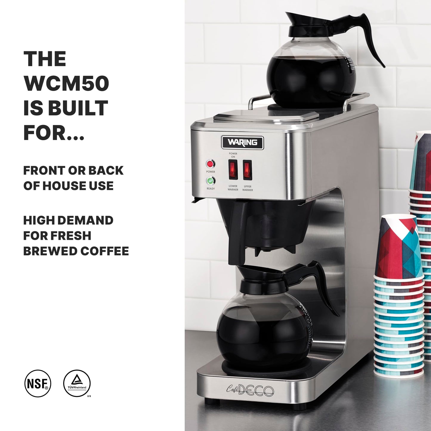 Waring Commercial Café Deco Pour Over Coffee Brewer, 3 Gallons per Hour, 2 Individual Warmers, Fits Large 64 oz Decanters, Stainless Steel, No Plumbing, NSF Certified, WCM50