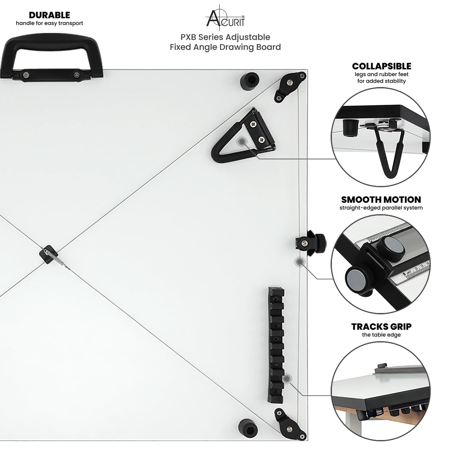Acurit PXB 24” x 36” Drawing Board for Artists and Designers - Portable Workspace for Drawing, Sketching, Drafting, Painting - Fixed Angled Laminated Surface with Ruler and Parallel Motion Bar