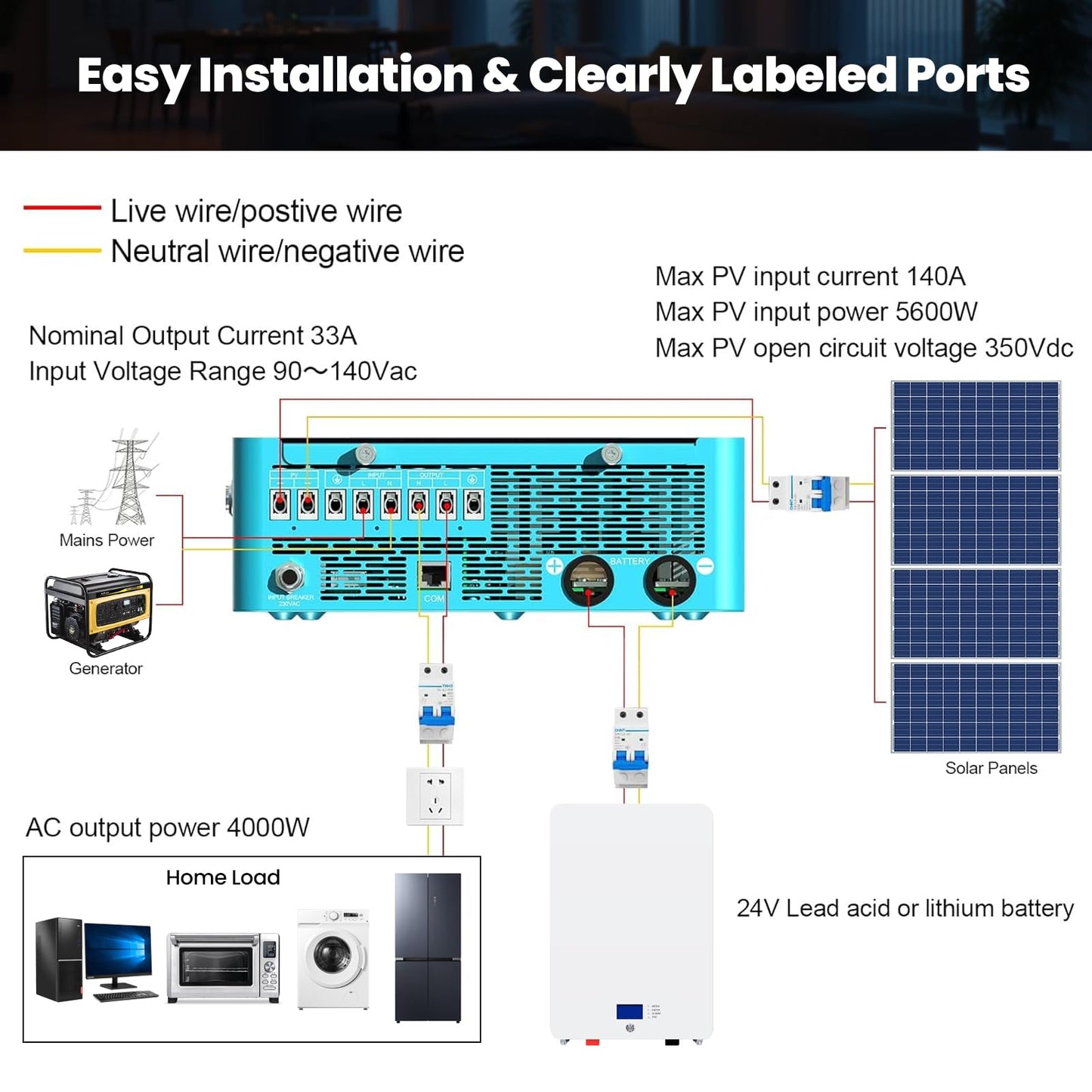 4000W 24V Hybrid Solar Inverter: Pure Sine Wave 8000W Peak 140A MPPT (5600W PV) Controller - Battery or Battery-Less Mode Ultra-Safe Home Backup & Emergency Power for Essential Circuits