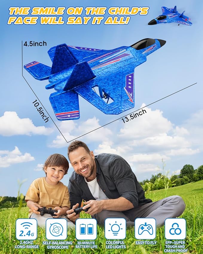 F22 RC Airplane Easy to Fly - 2.4GHz Remote Control Fighter Jet with Gyro Stabilizer &amp LED Lights 2 Batteries Foam RC Glider for Kids Boys Adults Beginners (Blue)
