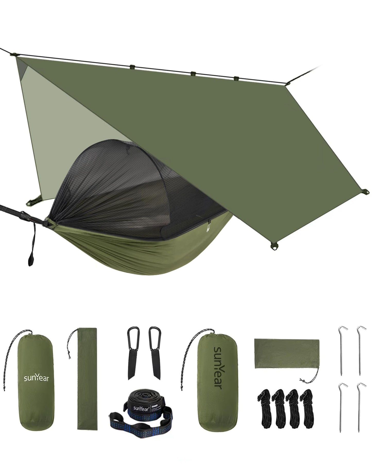 Sunyear Camping Hammock with Net & Rain Fly - Double & Single Hammock with House-Like Net- Easy Setup & Pack, Lightweight & Portable, Perfect for Hiking, Backpacking, Outdoor Sleeping