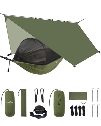 Sunyear Camping Hammock with Net & Rain Fly - Double & Single Hammock with House-Like Net- Easy Setup & Pack, Lightweight & Portable, Perfect for Hiking, Backpacking, Outdoor Sleeping