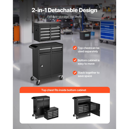 VEVOR Rolling Tool Chest, 2-in-1 Design, 5 Drawers Tool Cabinet Organizer with Detachable Top Metal Toolbox, Lock Bar, Protective Liner, and Tools Rack, Garage Storage Cabinet for Warehouse, Workshop