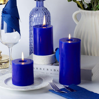 KONNI Classic Blue Pillar Candles Set of 3, 3"x 6" Unscented Pillar Candles Bulk, 56 Hours Long Burning Candles, Smokeless&Dripless Large Round Candle for Wedding, Home Decoration, Parties, Spas