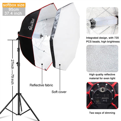 Shirtal Softbox Lighting Kit,37" Octangle Softbox Photography Lighting Kit with 110W 2700-6500K 11000Lux Dimmable LED Prismatic Lamp and Remote Control,Photo Studio Soft Box Lights for Video Recording