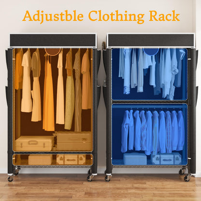 Homdox Garment Rack with Cover, Heavy Duty Clothing Rack for Hanging Clothes, Portable Closet Wardrobe, Double Rods Garment Rack with wheels, 35.1" W x 17.4" D x 80.6" H, Black