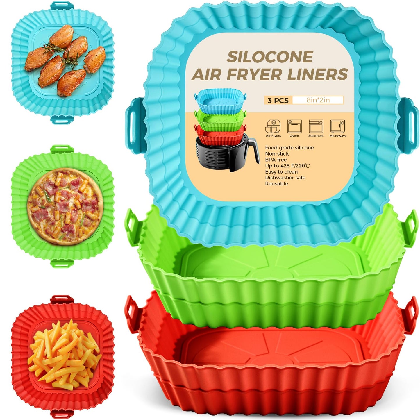 Buauty 3 Pack Air Fryer Silicone Liners 8inch Air Fryer Silicone Pot Reusable Food Grade Silicone Airfryer Liners Baking Basket Accessories Replacement of Flammable Disposable Parchment Paper