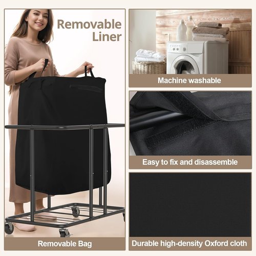 Hodonas Laundry Hamper - 2-Section 230L Heavy-Duty Rolling Basket with Silent Casters | Black, 31.5"L x 15.75"W x 30.7"H