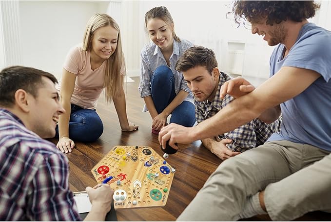 Original Marble Game Wahoo Board Game 16-Inch Double Side Painted Wooden Fast Track Board Game for 6 Player and 4 Player 6 Colors 36 Glass Marbles 8 Dice for Family Game Night Friends Party