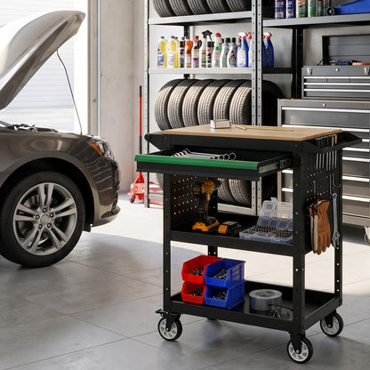 StrideoooTrek Rolling Utility Cart with Wooden Top, 3-Tier Mobile Workshop Table, Heavy-Duty Wheels,330LB Load Capacity Organizer Cabinet for Garage, Warehouse, Repair Shop
