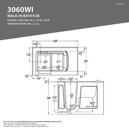 ANZZI Walk-In Tub, 30 x 60 in, Right Drain, Air & Whirlpool Jets, 110V