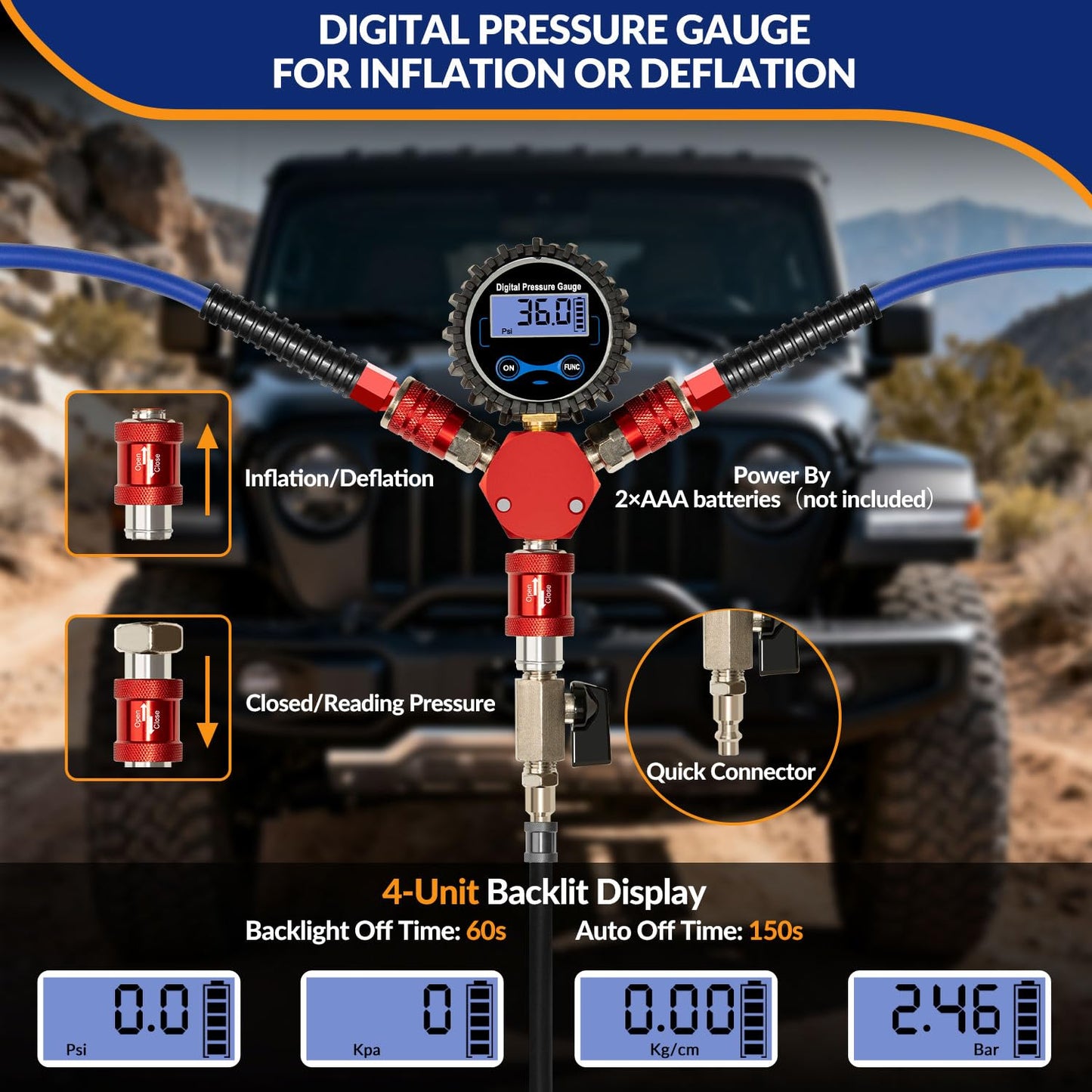 MILADO 4 Tire Inflation System, 4 Tire Inflation Deflation System, 4 Way Tire Inflator, Off Road Tire Inflator with Gauge, Air Down Tire Deflators Kit for Trucks Jeeps Fits Up to 155" Wheelbase