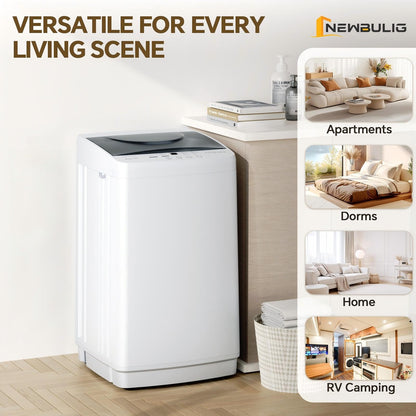 NEWBULIG 1.06 Cu.Ft. Portable Washing Machine, 7.7LBS Full-Automatic Laundry Washer with Stainless Steel Drum, 10 Wash Cycles & Auto-Balance, Compact Washer for Apartment RV Dorm Camping, White