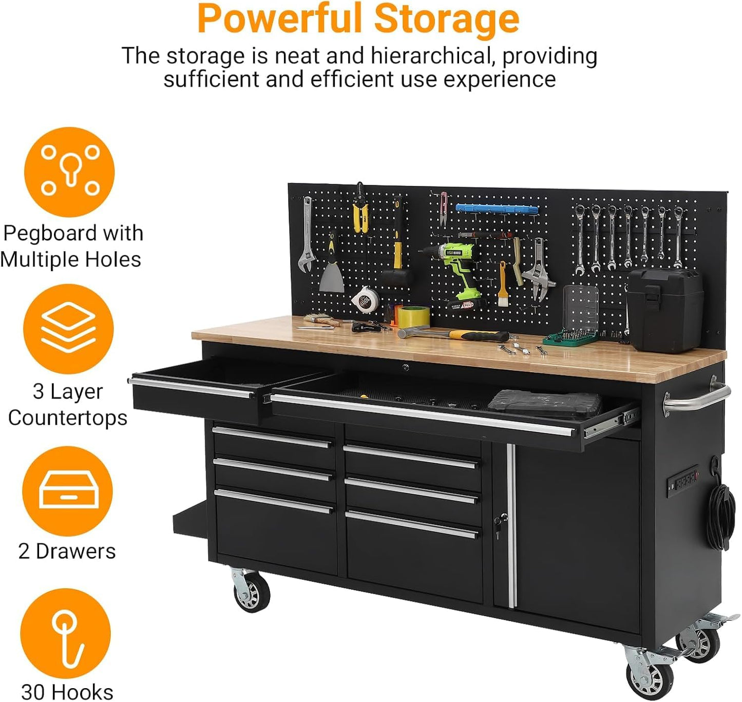 PeakPursuit 61" Rolling Tool Chest with 10 Drawers, Workbench Cabinet with Power Strip, Solid Rubber Wood Top, Pegboard, 1675 LBS Load, Mobile Heavy Duty Garage Storage, Locking Wheels, Black