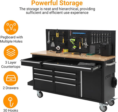 PeakPursuit 61" Rolling Tool Chest with 10 Drawers, Workbench Cabinet with Power Strip, Solid Rubber Wood Top, Pegboard, 1675 LBS Load, Mobile Heavy Duty Garage Storage, Locking Wheels, Black