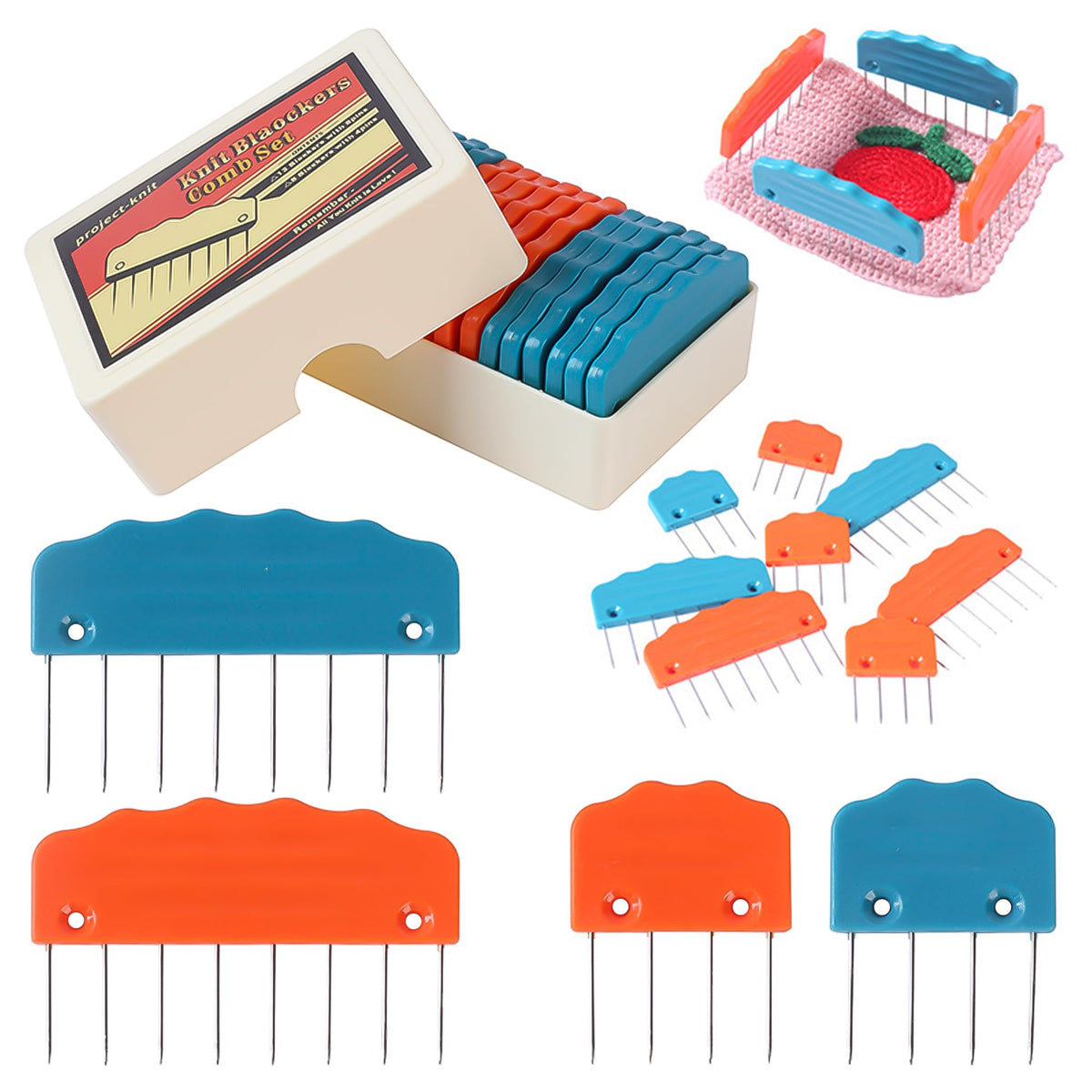 20pcs Knit Blocking Pin Kit, Knit Blockers Combs for Crochet Knitting Blocking Board Mats, Knit Blocking Pins for Crochet Projects Sewing Lace Needlework Projects Tool (Orange Blue)