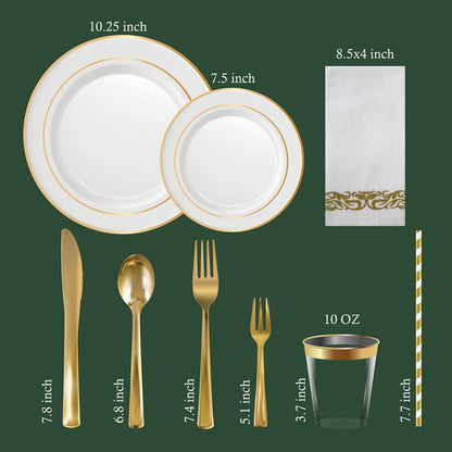 Two Sets of 225 Pcs Gold Rim Disposable Plastic Dinnerware + Plastic Table Cloth Roll | 54 in x 108 Ft Waterproof Table Cover for Wedding, Luxurious Party (Total of 50 Guest)