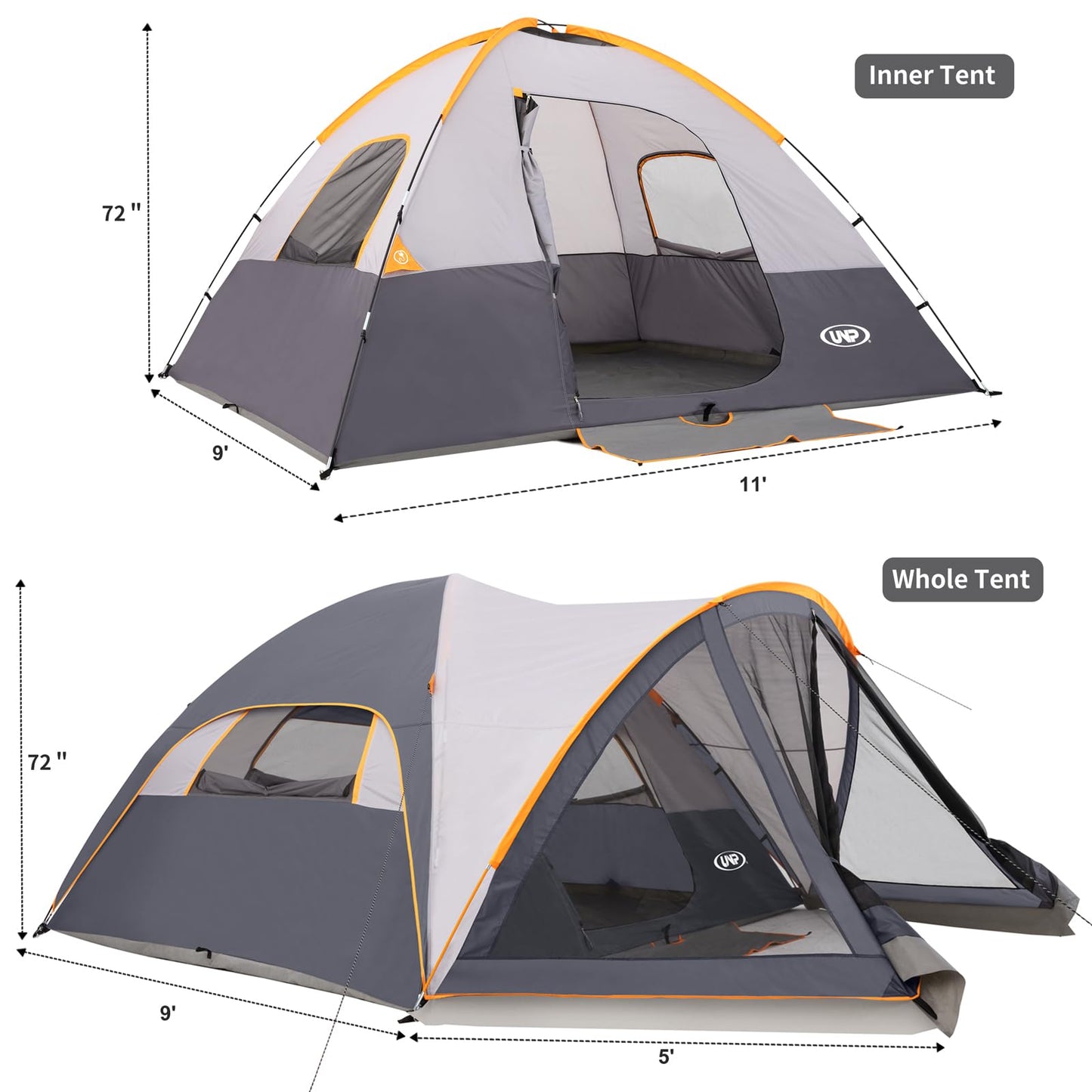 UNP 6 Person Dome Tent with Screen Room, Portable Camping Tent with Screened-in Porch, Dome Tent for Outdoor Camping - 14'x11'x72''(H) (Gray)