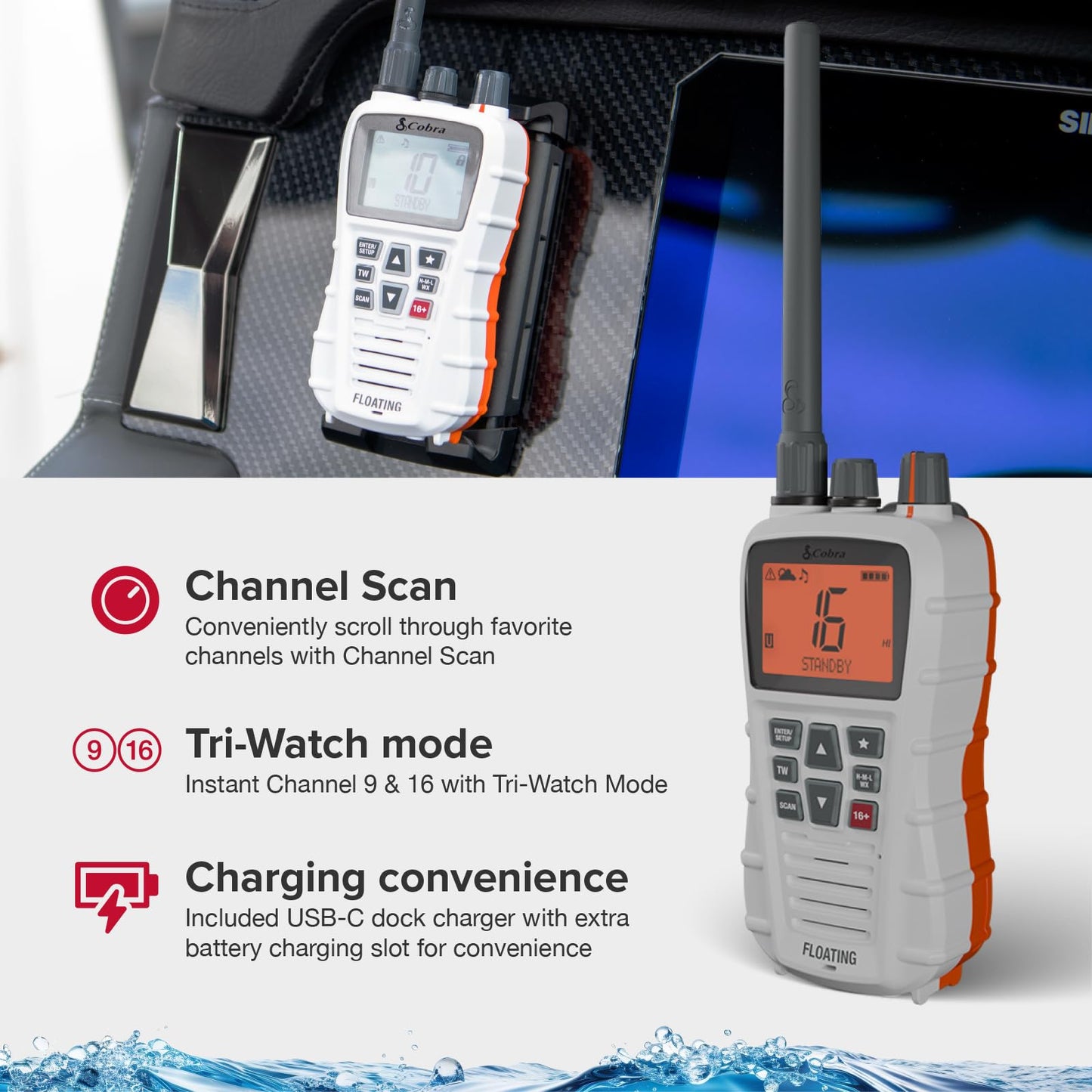 Cobra BlueBound 350 VHF Handheld Marine Radio - White – 6-Watt, Floating, Long Range, NOAA Weather Alerts, International Functionality, IPX7 Waterproof, USB-C, Submersible, LCD Screen, Belt Clip