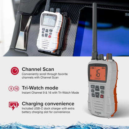 Cobra BlueBound 350 VHF Handheld Marine Radio - White – 6-Watt, Floating, Long Range, NOAA Weather Alerts, International Functionality, IPX7 Waterproof, USB-C, Submersible, LCD Screen, Belt Clip