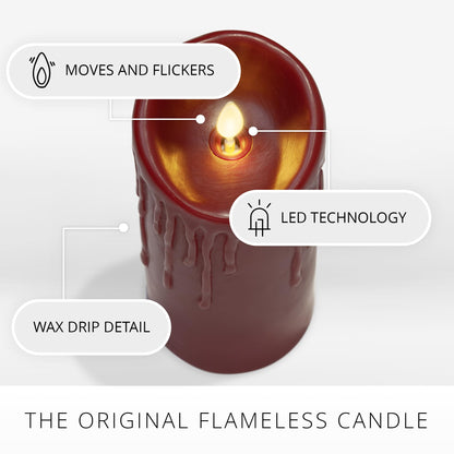 Luminara Wax Drip Flameless LED Candle, Burgundy 3" x 4.5", Timer Function, Real Wax Pillar, Battery Operated Unscented Safe, Long-Lasting