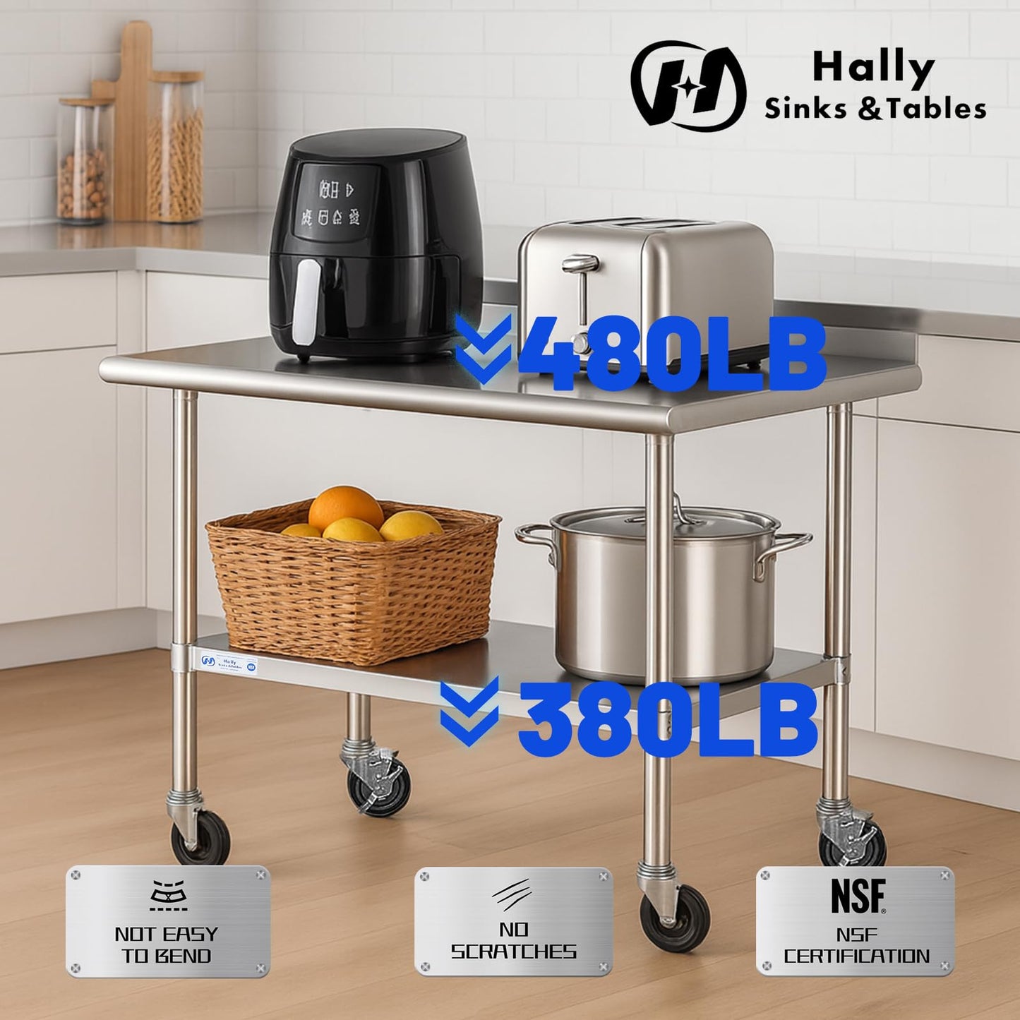 Hally Stainless Steel Table for Prep & Work 24 x 48 Inches with Caster Wheels, NSF Commercial Heavy Duty Table with Undershelf and Backsplash for Restaurant, Home and Hotel
