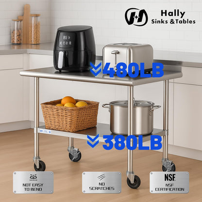Hally Stainless Steel Table for Prep & Work 24 x 48 Inches with Caster Wheels, NSF Commercial Heavy Duty Table with Undershelf and Backsplash for Restaurant, Home and Hotel