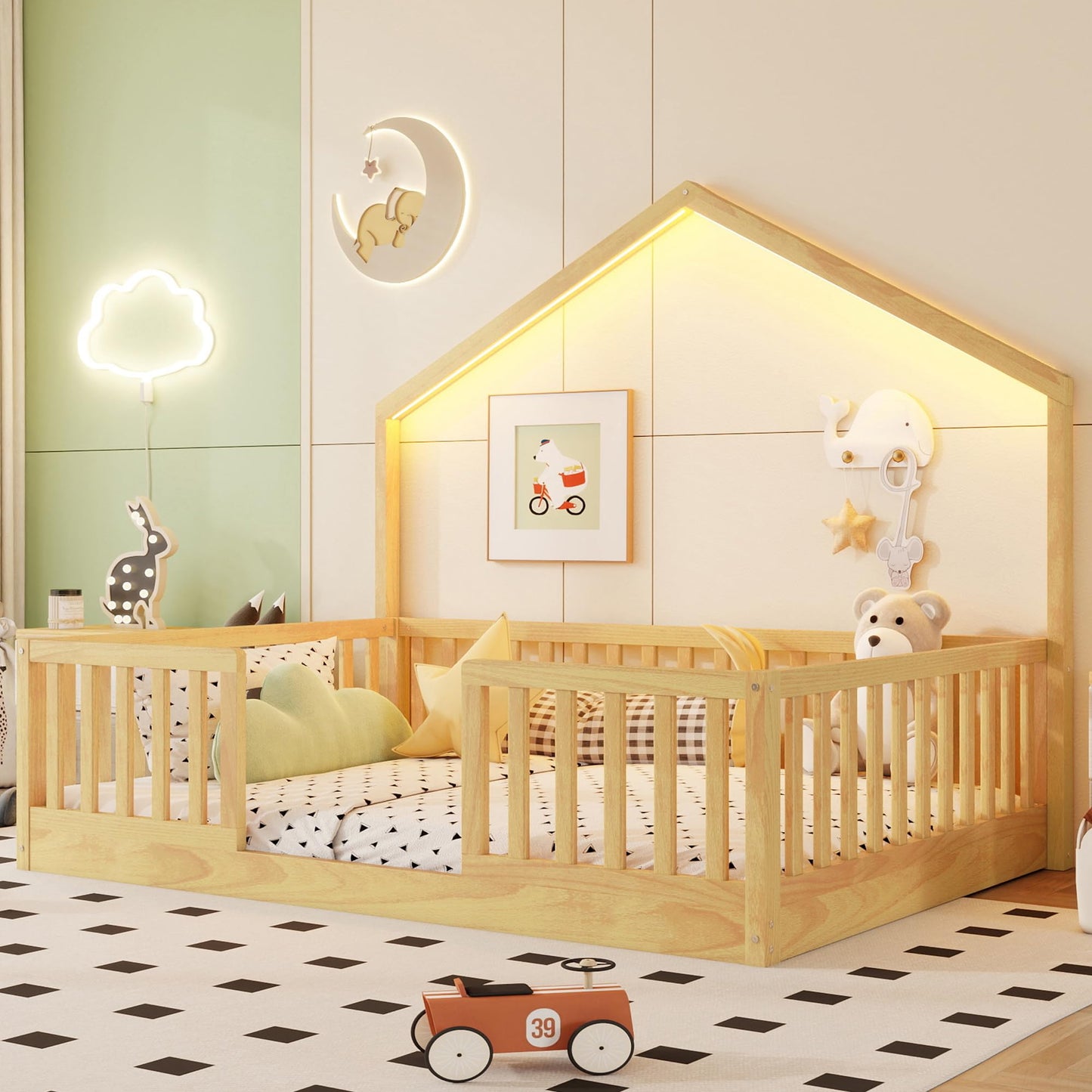 KEIKI Full House Shaped Floor Bed, Kids Montessori Platform Bed Frame with Light & Tall Rails, Solid Beds Frames Full-Size for Boys Girls Bedroom, No Box Spring Needed, Easy Assembly, Brown