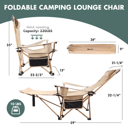 VILLEY Reclining Camping Lounge Chair Adjustable Foldable Chair for Adults with Removable Footrest, Headrest & Storage Bag Supports Up to 330 LBS Beige