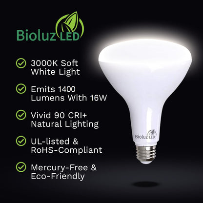 Bioluz BR40 LED Light Bulb 90 CRI Light Bulbs - Dimmable LED Flood Light (Uses 16W) Soft White 3000K Led Bulbs 110° Beam Angle Indoor & Outdoor Lighting Title 20 High Efficacy Lightbulb - Pack of 10