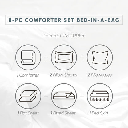 Elegant Comfort Cozy and Soft 8-Piece Bed-in-a-Bag All Season Comforter Set, Includes 4pc Smart Sheet Set, Bed Skirt, Comforter, Matching Pillowcases and Shams, Striped Design, King/Cal King, White