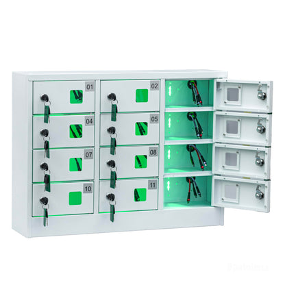Bpatoimsx Secure and Convenient 12 Slots Cell Mobile Phone Metal Storage Cabinet Lockers with Charger Charging Station Cabinet and Key Lock White - Ideal for Students and Employees or Police Station