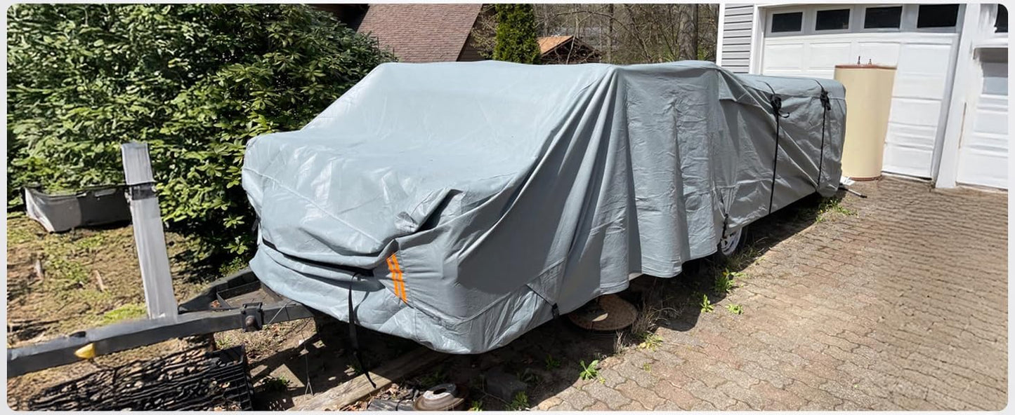 Tuszom 7 Layers Pop Up Camper Cover, Waterproof Folding Camping Trailer Cover for Winter Snow Upgraded Tearproof RV Cover with Windproof 5+2 Straps (7 Layers Non-Woven Fabric, 14'-16' Length), Gray