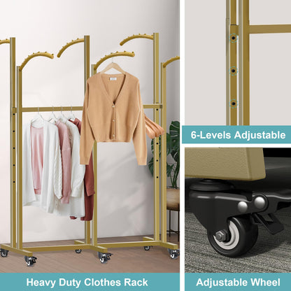 Vrietina Floor Standing Metal Garment Rack, 6 Arms Clothing Display Rack with Wheels, Heavy Duty 48'' to 67'' Adjustable Height Retail Clothes Rack Rolling Shirt Rack for Hanging Clothes, Gold