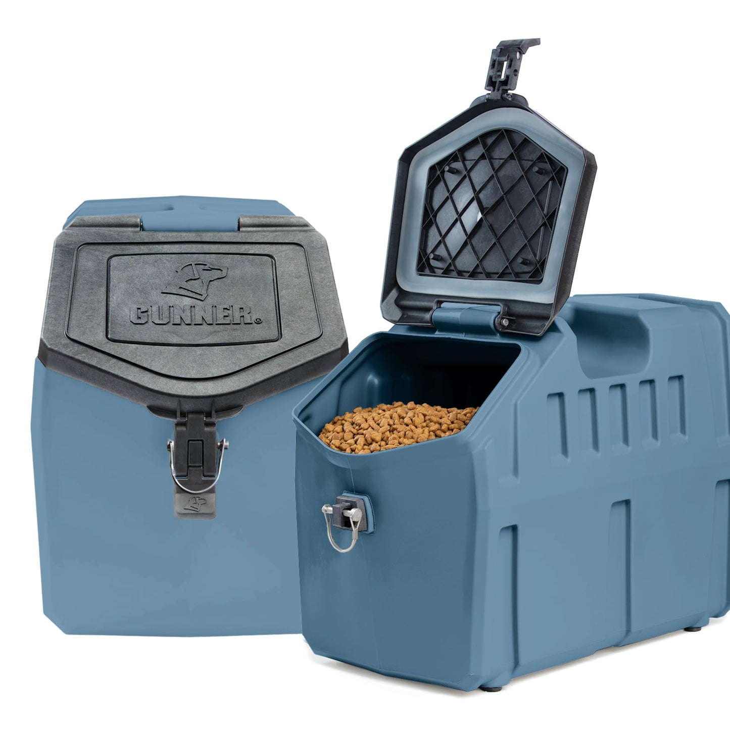 GUNNER 50 lbs Dog Food Storage Container with Measuring Scoop – Waterproof & Airtight Pet Food Bin for Dry Food, Corn, Chicken Feed, Bird Seed & Treats – 3 Cup Ergonomic Scooper with Markers - Blue
