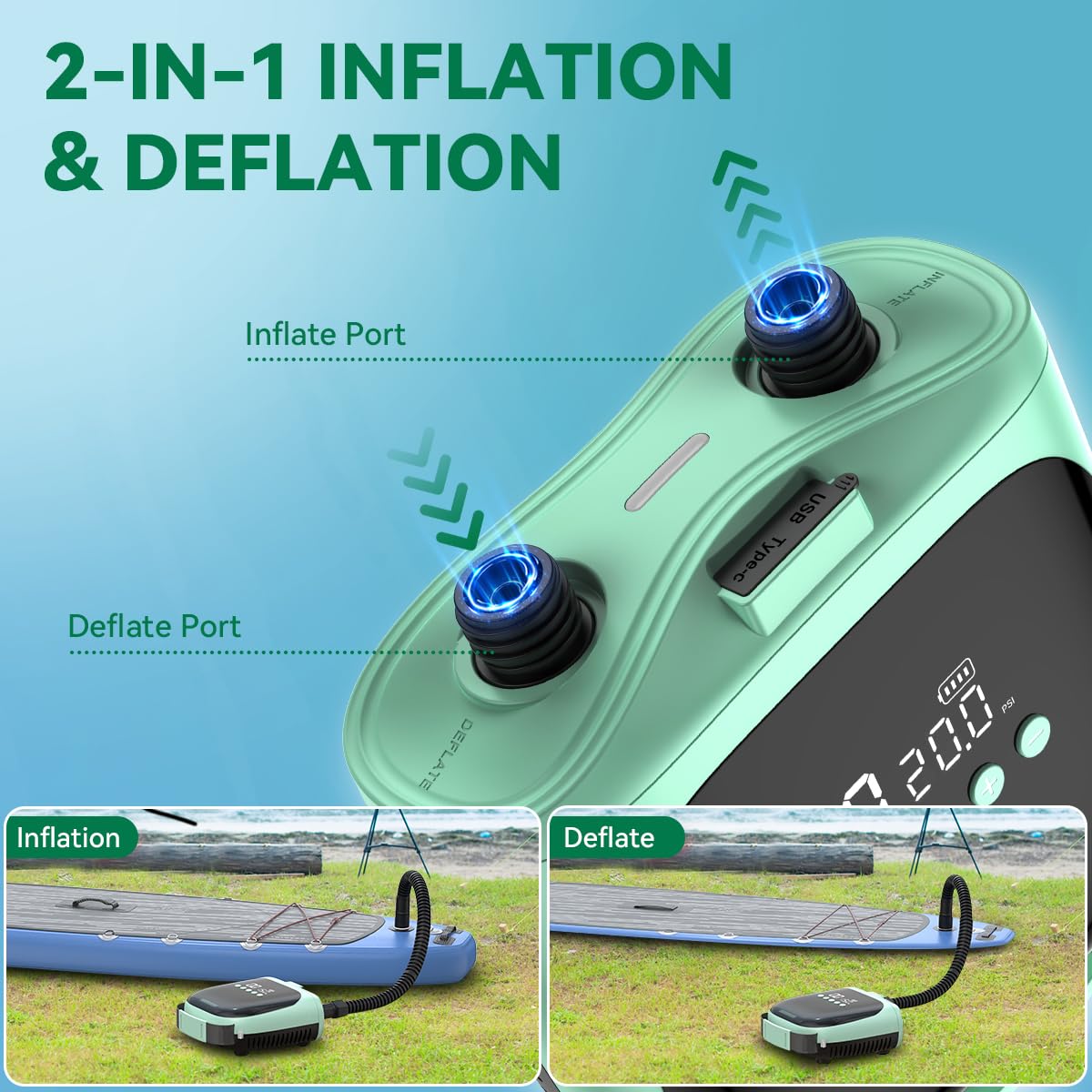 FBSPORT Paddle Board Pump Rechargeable 20PSI SUP Pump, Portable Electric Air Pump Quick Inflate & Deflate SUP Air Pump for Stand Up Paddle Boards, Kayak, Tent (Green)