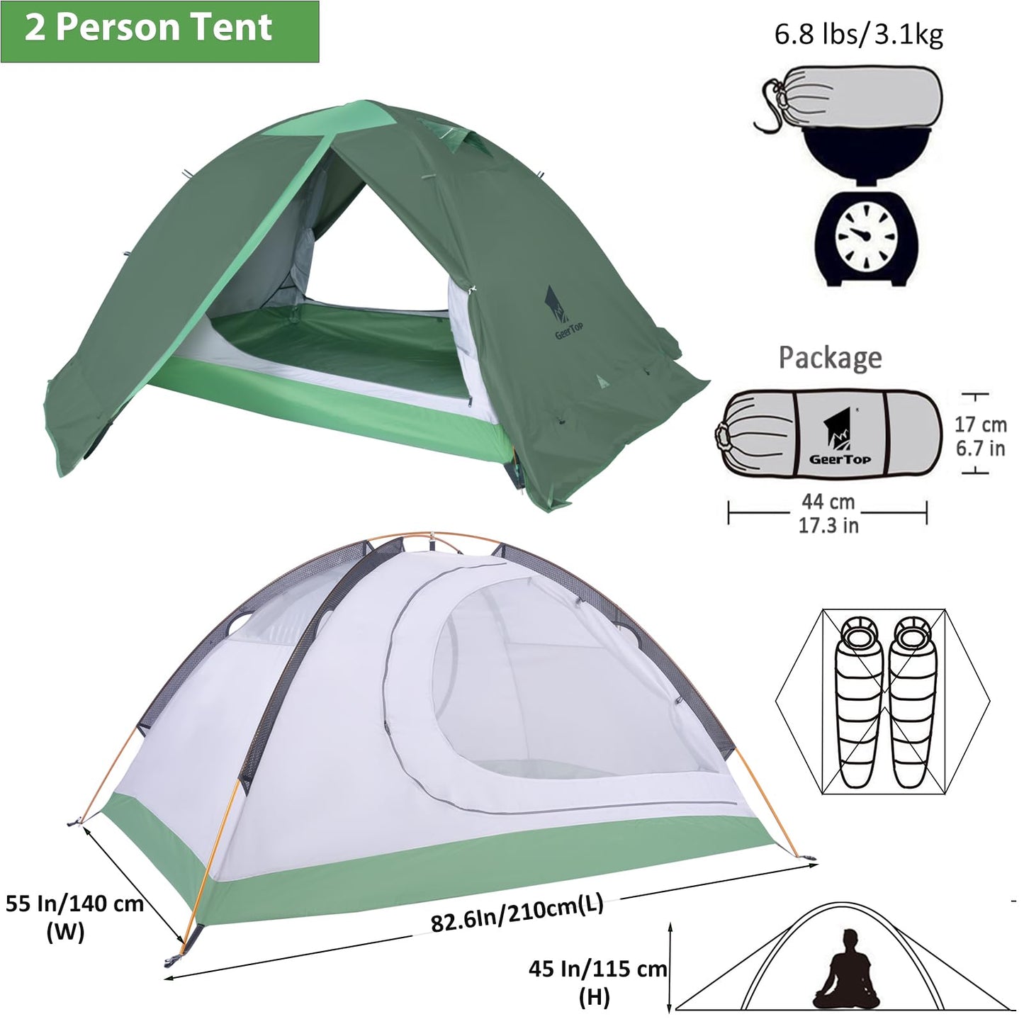 GEERTOP Lightweight 2 Person Backpacking Tent 4 Season Double Layer Waterproof Cold Weather Tent for Camping,Hunting, Hiking, Climbing, Outdoor Travel - Easy Set Up