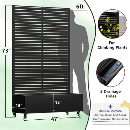 Metal Planter Box with Trellis,72"x47"x16"Galvanized Steel Outdoor Raised Garden Bed with Privacy Screen,with Drainage Holes & Lockable Casters for Climbing Plants,Vegetables,and Vines(BYC)