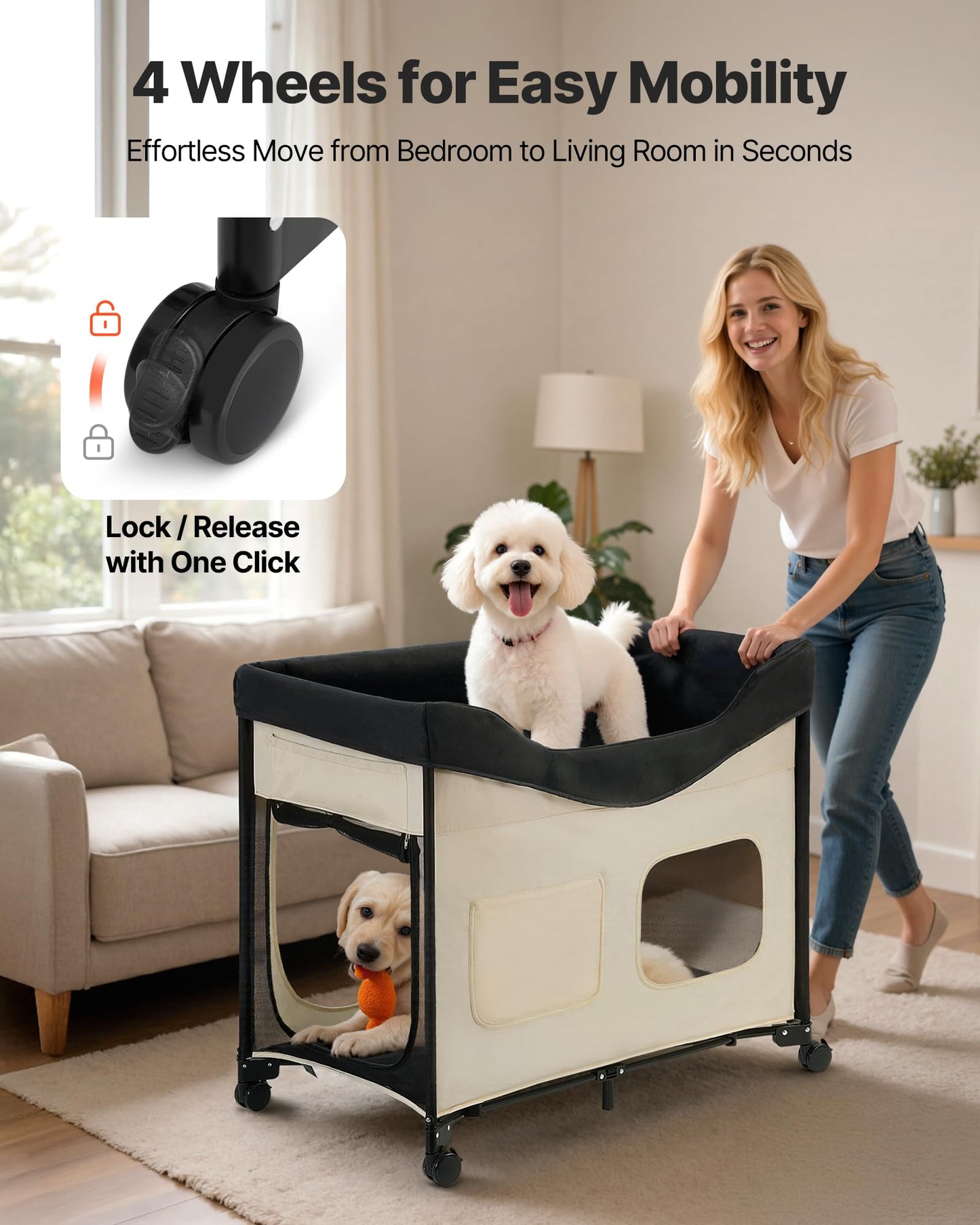 VEVOR Bedside Lounge Pet Bed, Foldable Bunk Dog Bed with 600D Oxford Cloth and Dutch Velvet, Portable Raised Cot with Wheels, Side Storage Bags, and Carry Bag for Cats & Dogs, L, Beige