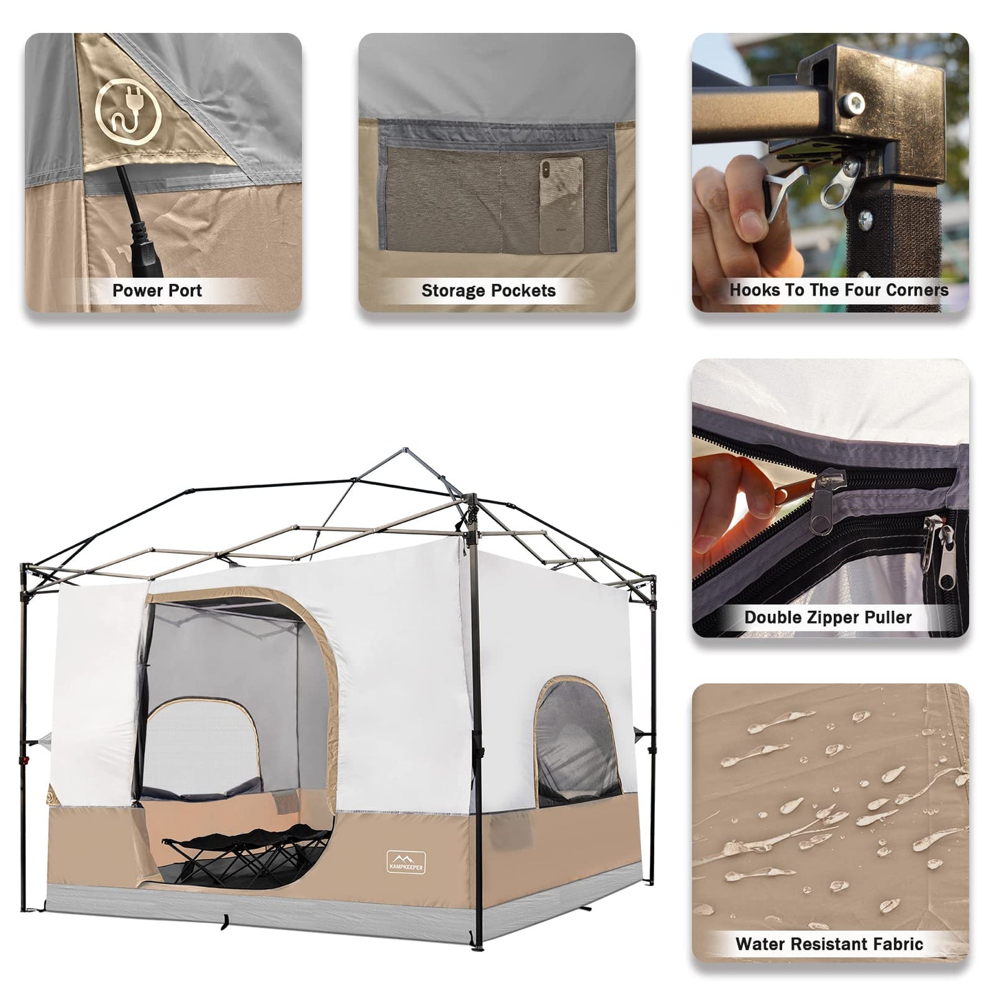 KAMPKEEPER Camping Inner Tent for Pop Up Canopy, Converts 10'x10' Straight Leg Canopy into Camping Tent–Fully Vented Roof(Top & Frame NOT Included) (Khaki, Classic)