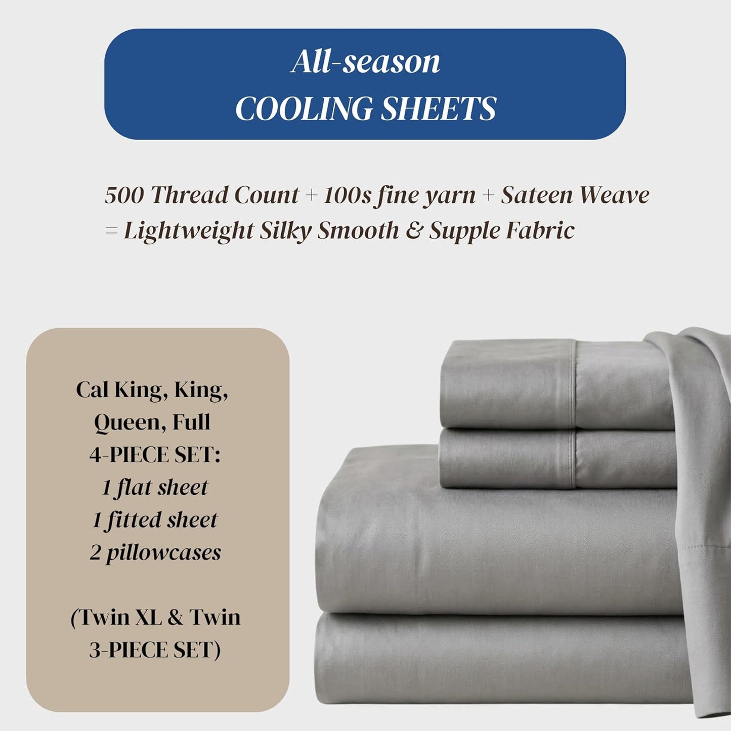Beckham Hotel Collection Queen Sheets Set - 100% Cotton Sateen, Silky Smooth, 16” Deep Pocket, Gray
