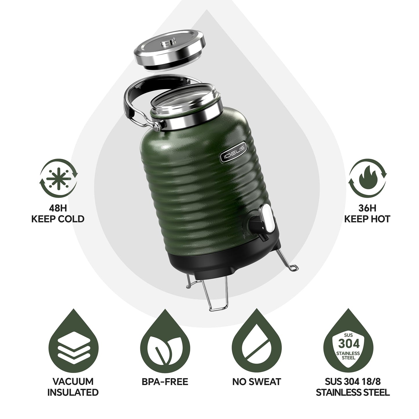 IDEUS Insulated Beverage Dispenser, All-in-one for Camping Vacuum Double-Wall Stainless Steel Water Cooler Coffee Carafe Jug Leakproof Drink Container with Handle, Spigot & Stand (Green, 1,4gal)