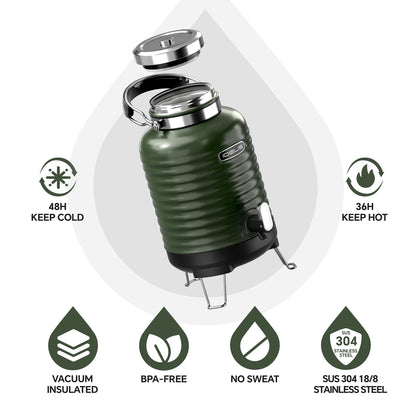 IDEUS Insulated Beverage Dispenser, All-in-one for Camping Vacuum Double-Wall Stainless Steel Water Cooler Coffee Carafe Jug Leakproof Drink Container with Handle, Spigot & Stand (Green, 1,4gal)