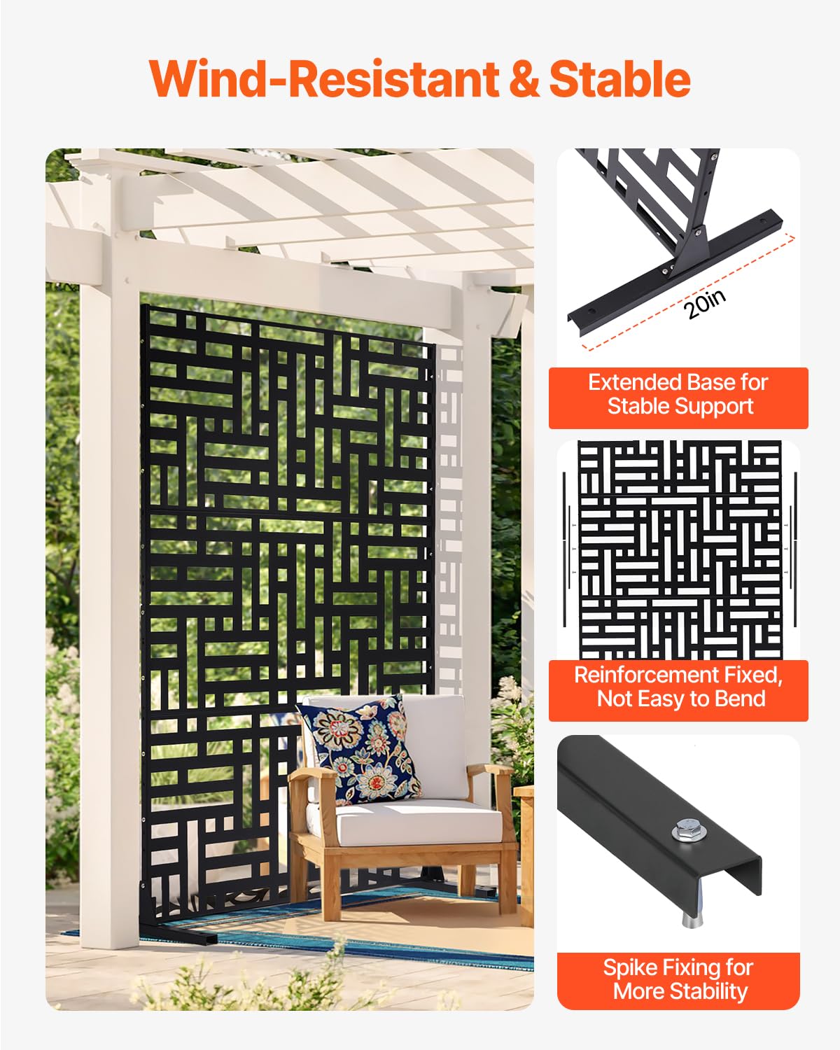 VEVOR Metal Privacy Screen, 47" W x 76" H, Outdoor Privacy Screens 3-Panel, Freestanding Outdoor Divider with Stand, Decorative Garden Steel Privacy Fence for Balcony Patio Indoor Room Hot Tub Black