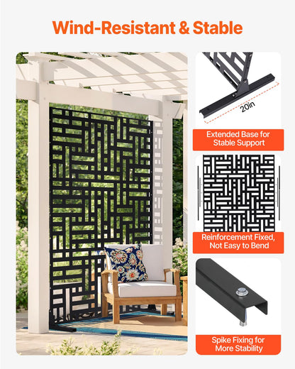 VEVOR Metal Privacy Screen, 47" W x 76" H, Outdoor Privacy Screens 3-Panel, Freestanding Outdoor Divider with Stand, Decorative Garden Steel Privacy Fence for Balcony Patio Indoor Room Hot Tub Black